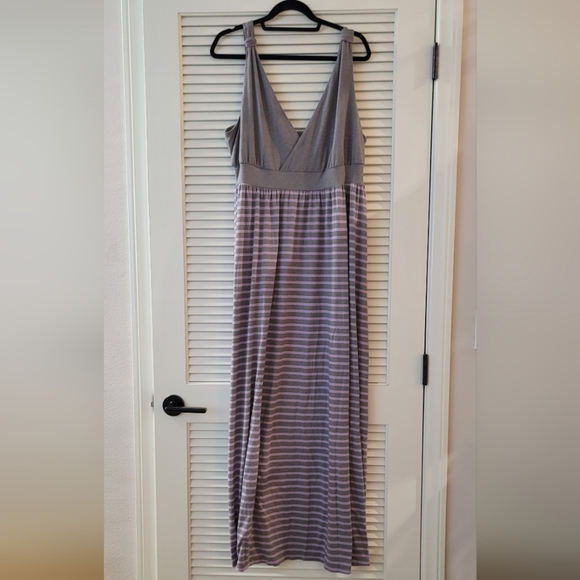 torrid Dresses & Skirts - Torrid- (Plus-Size) Long V-Neck Grey & Lavender Striped Sleeveless Maxi Dress